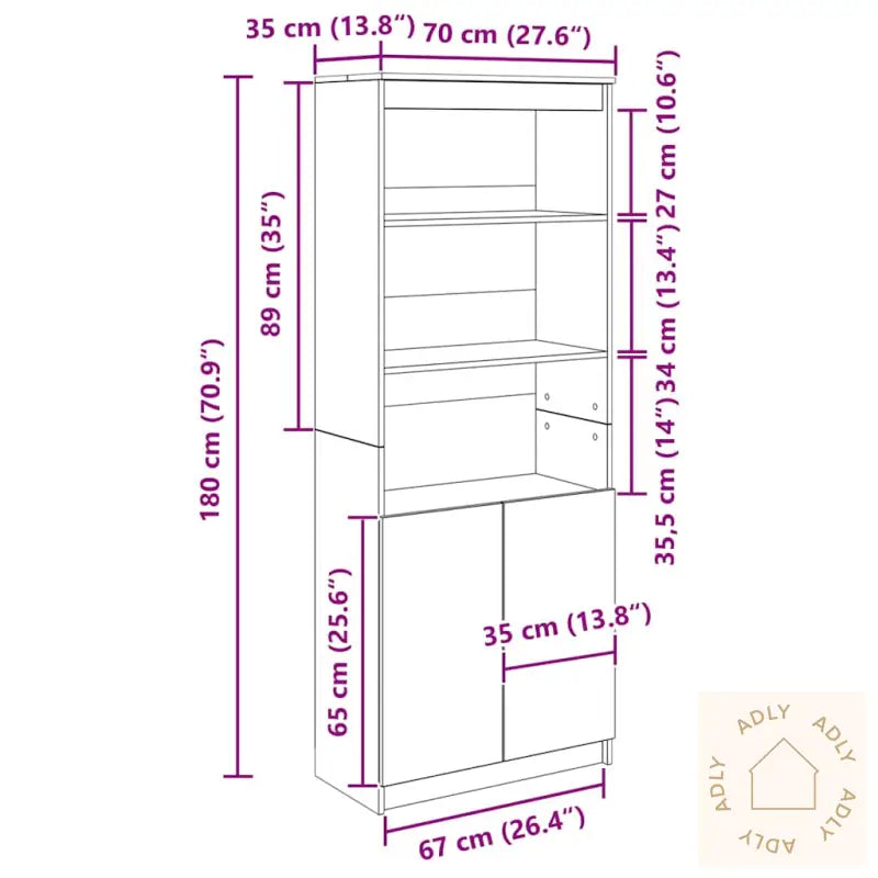 Highboard Brun Eik 70X35X180 Cm Konstruert Tre
