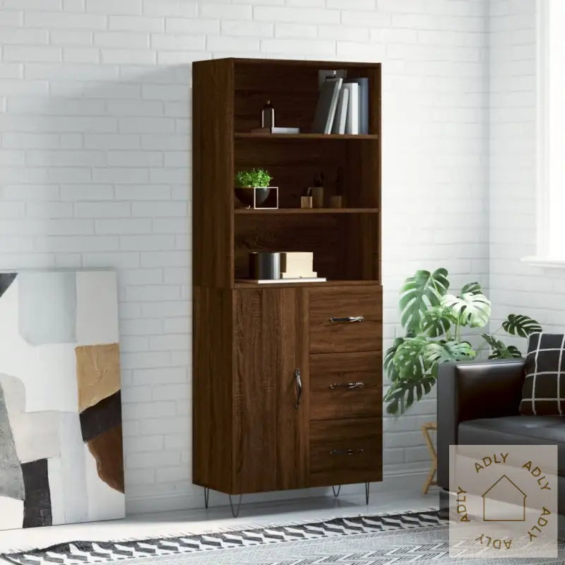 Highboard Brun Eik 69,5X34X180 Cm Konstruert Tre