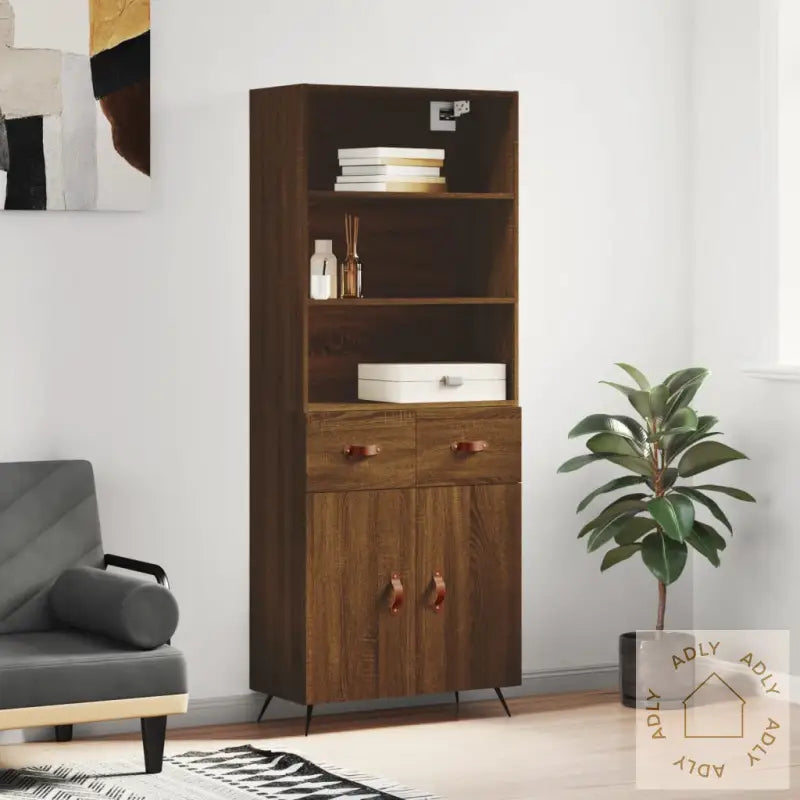 Highboard Brun Eik 69,5X34X180 Cm Konstruert Tre