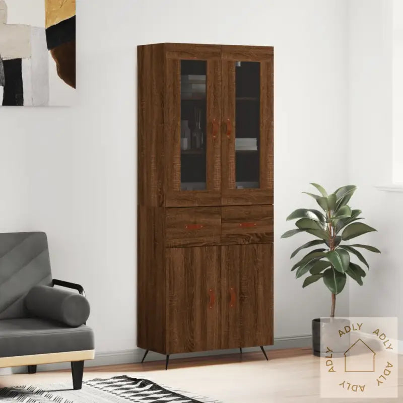 Highboard Brun Eik 69,5X34X180 Cm Konstruert Tre