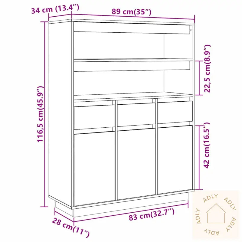 Highboard Hvit 89X34X116,5 Cm Heltre Furu