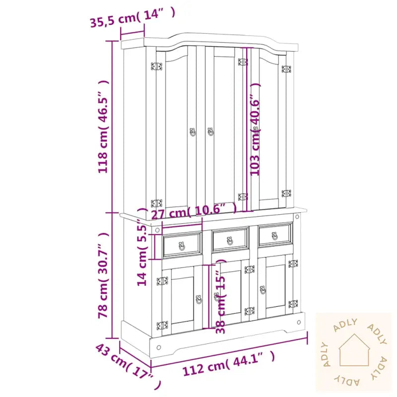 Highboard Corona Brun 112X43X196 Cm Heltre Meksikansk Furu