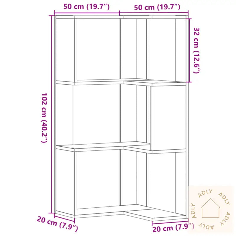 Bokhylle For Hjørne 3 Etasjer Hvit 50X50X102 Cm Konstruert Tre