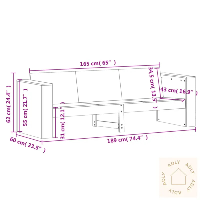 Hagesofa 3-Seters 189X60X62 Cm Heltre Furu