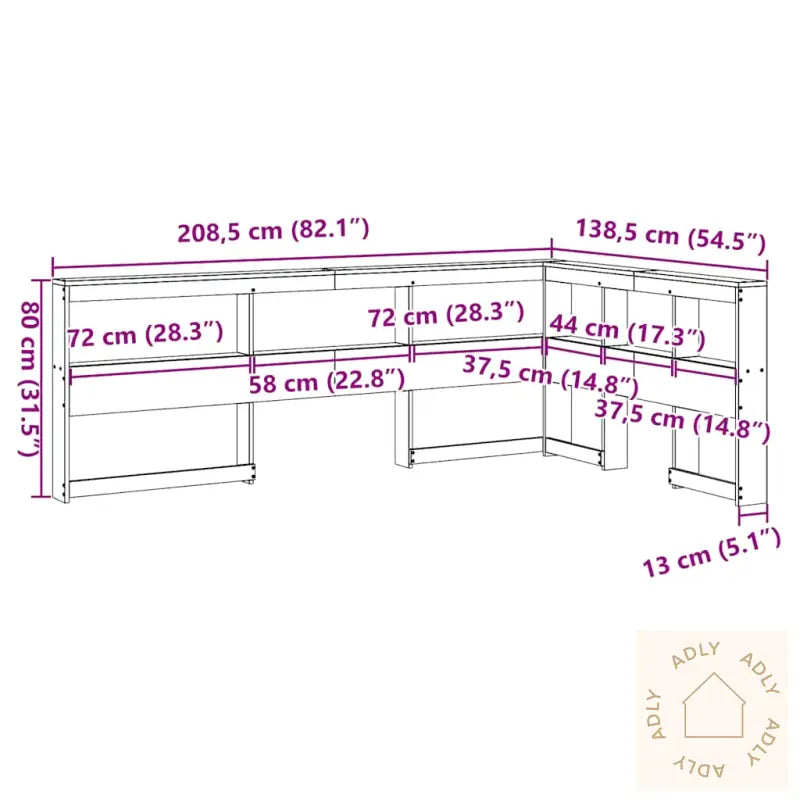 Bokhylle Sengegavl L-Formet Voksbrun 120 Cm Heltre Furu