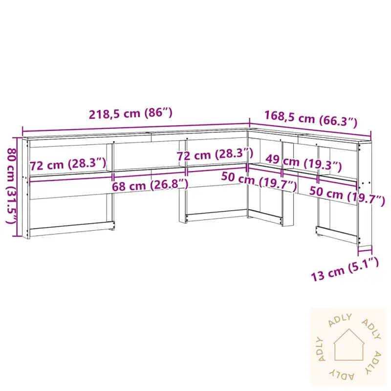 Bokhylle Sengegavl L-Formet 150 Cm Heltre Furu