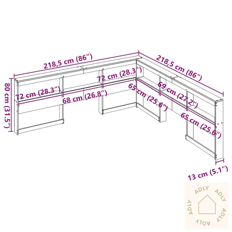 Bokhylle Sengegavl L-Formet 200 Cm Heltre Furu