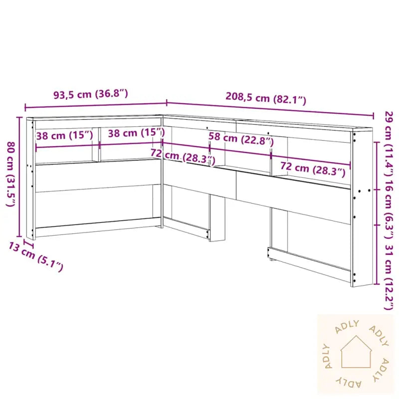 Bokhylle Sengegavl L-Formet Voksbrun 75 Cm Heltre Furu