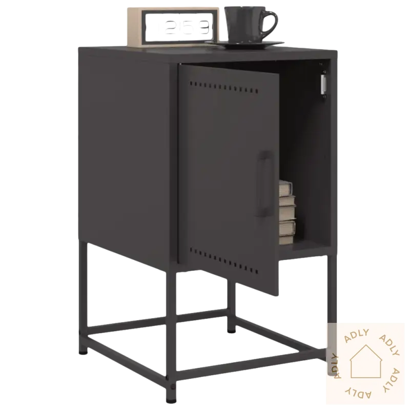 Dark grått industrielt nattbord med åpen dør, robust design til soverommet