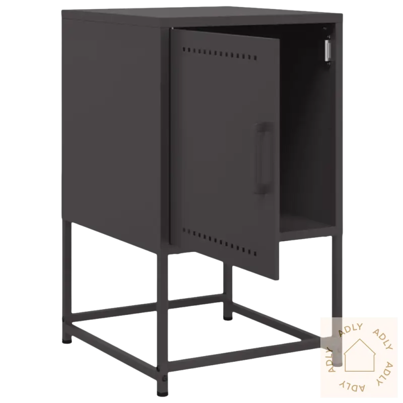 Grått industrielt nattbord med åpen dør, solid og robust design for soverommet