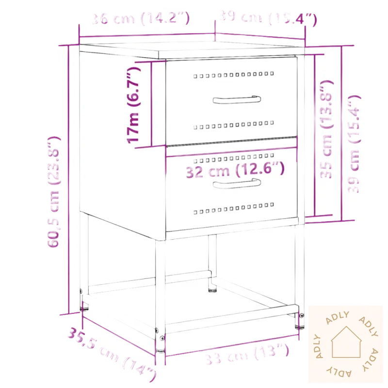 Bilde av industrielle nattbord med to skuffer og mål, perfekt for robuste møbler