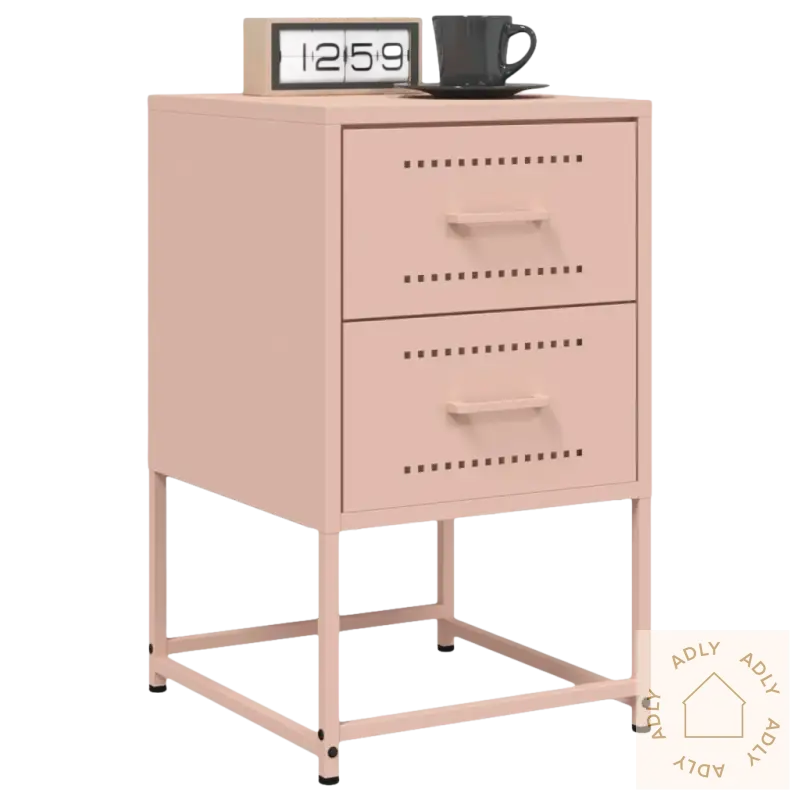 Pink metall nattbord med to drawer, solid og stilrent industrielt soveromsmøbel
