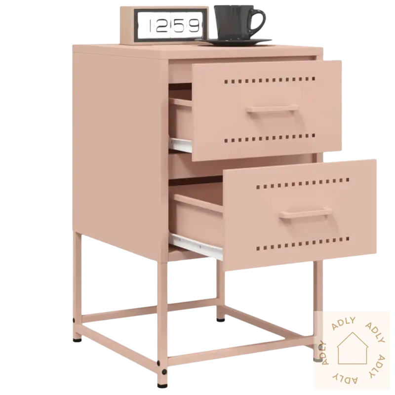 Pink metallskuffeskap med to skuffer, perfekt som industriellt nattbord inntil robuste møbler