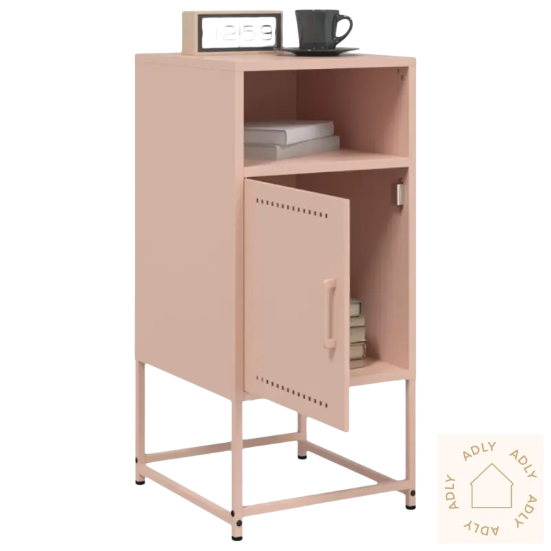 Pink metall nattbord med åpen dør, moderne og robuste industriell stil til soverommet