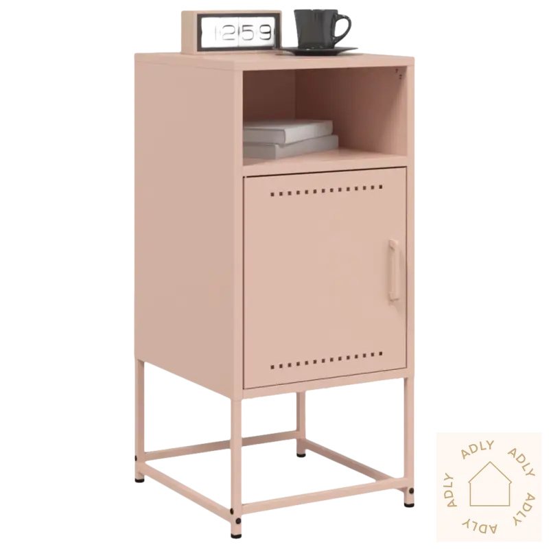 Pink metall industrielle nattbord robuste med åpen hylle og skap for soverommet