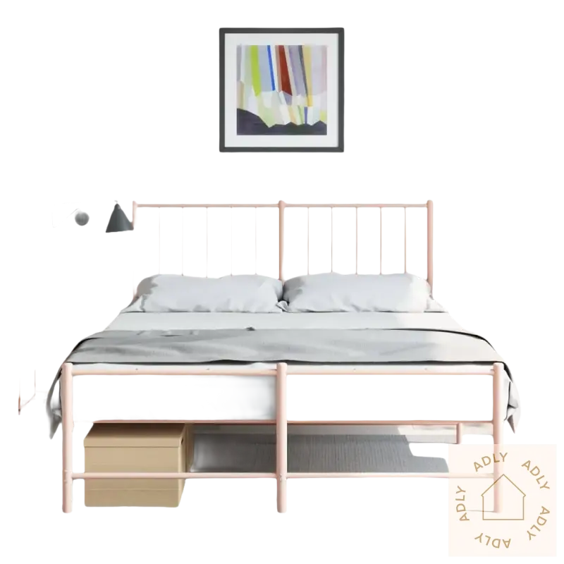 Pink metallramme som en del av industrielle nattbord med robuste møbler til soverommet