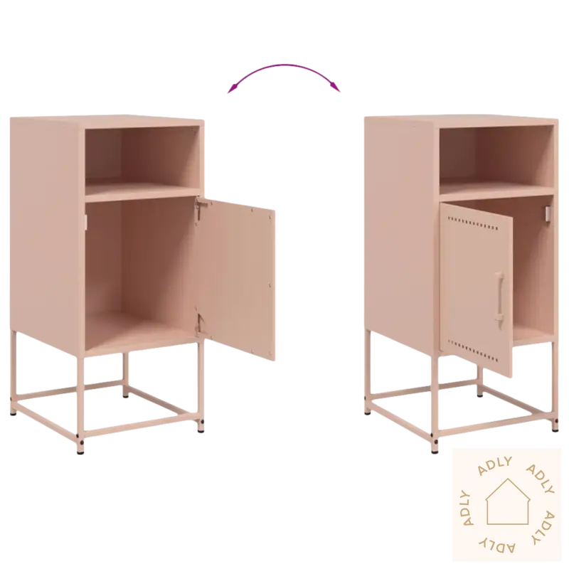 Pink metall industrielt nattbord med reversible dør, robust og moderne for soverommet