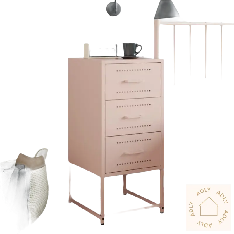 Pink metalltre-delt skuffenattbord som passer til industrielt nattbord og møbler til hjemmet
