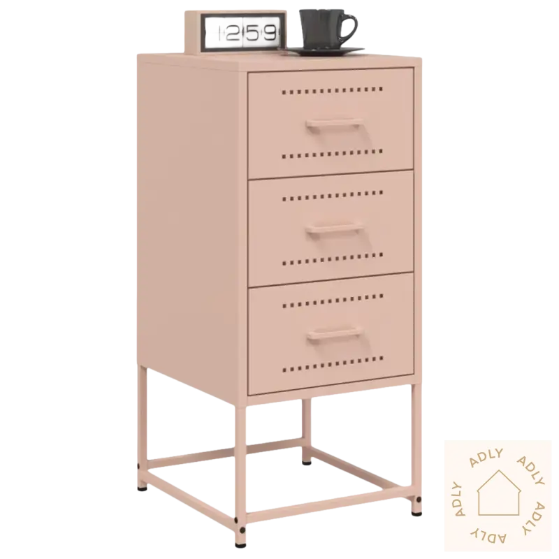 Pink metall nattbord med tre skuffer, perfekt som industrielt nattbord til hjemmet