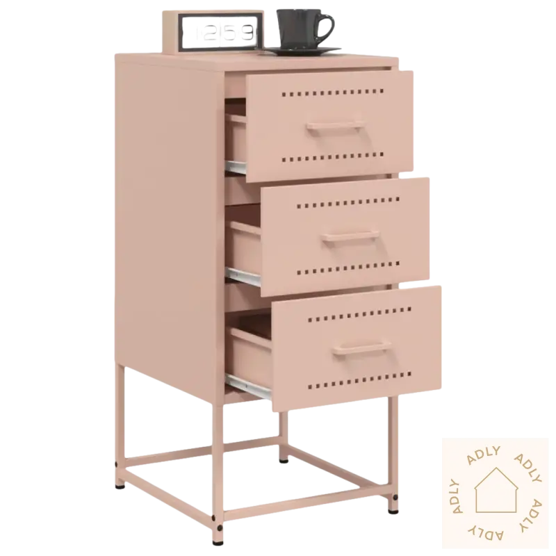 Pink metallskap med tre skuffer, perfekt som industrielt nattbord eller møbler til hjemmet