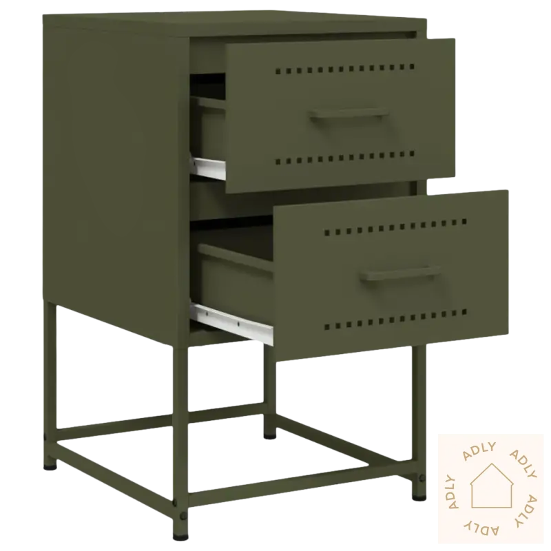 Olive grønn metallfiling skap som passer perfekt blant dine robuste møbler i industriellt nattbord design