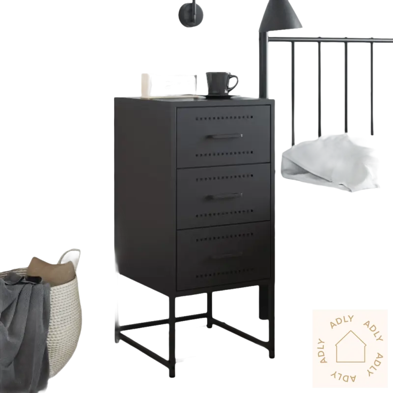 Black metall tre-drawer nattbord fra Industrielt Nattbord Robuste til soverommet