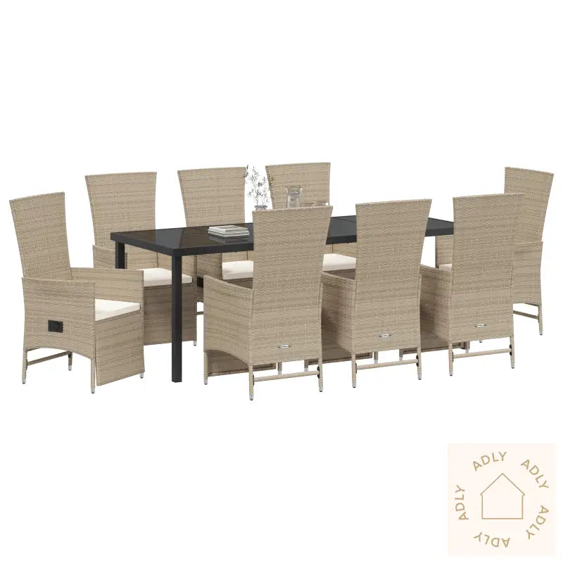 9 Delers Hage Spisebordsett Med Puter Beige Poly Rattan