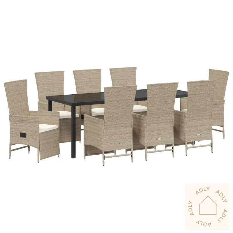 9 Delers Hage Spisebordsett Med Puter Beige Poly Rattan