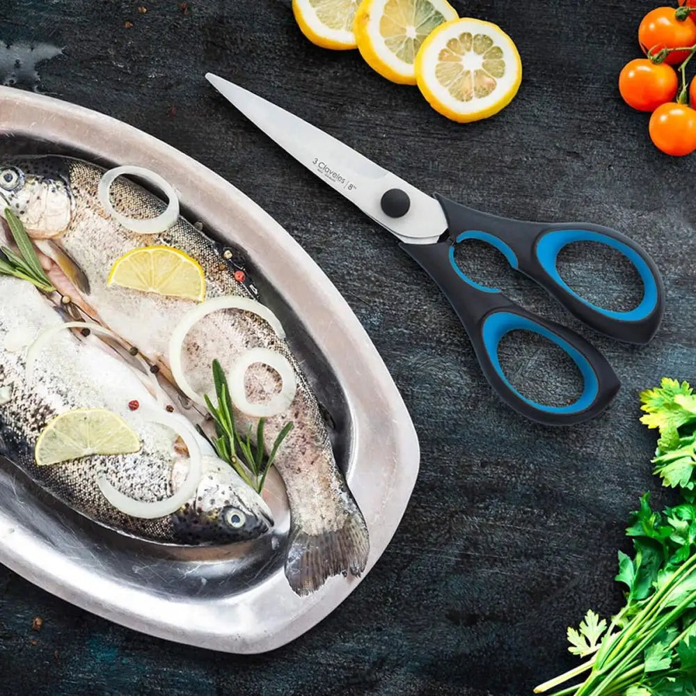 Fish-preparation scissors i rustfritt stål med blå aksenter fra Kjøkkensaks 3 Claveles