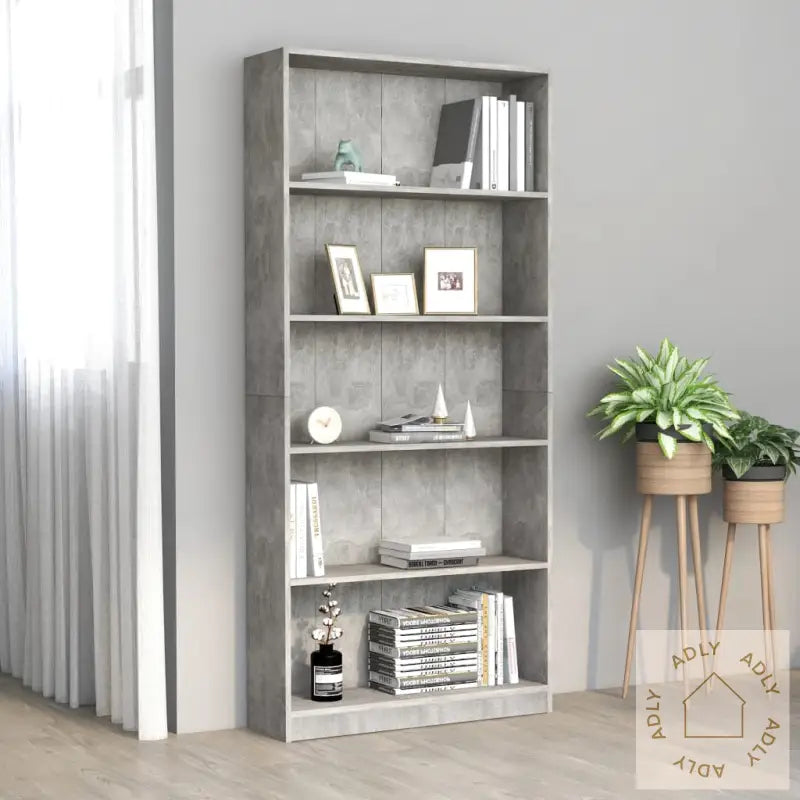 Bokhylle 5 Nivåer Betonggrå 80X24X175 Cm Konstruert Tre