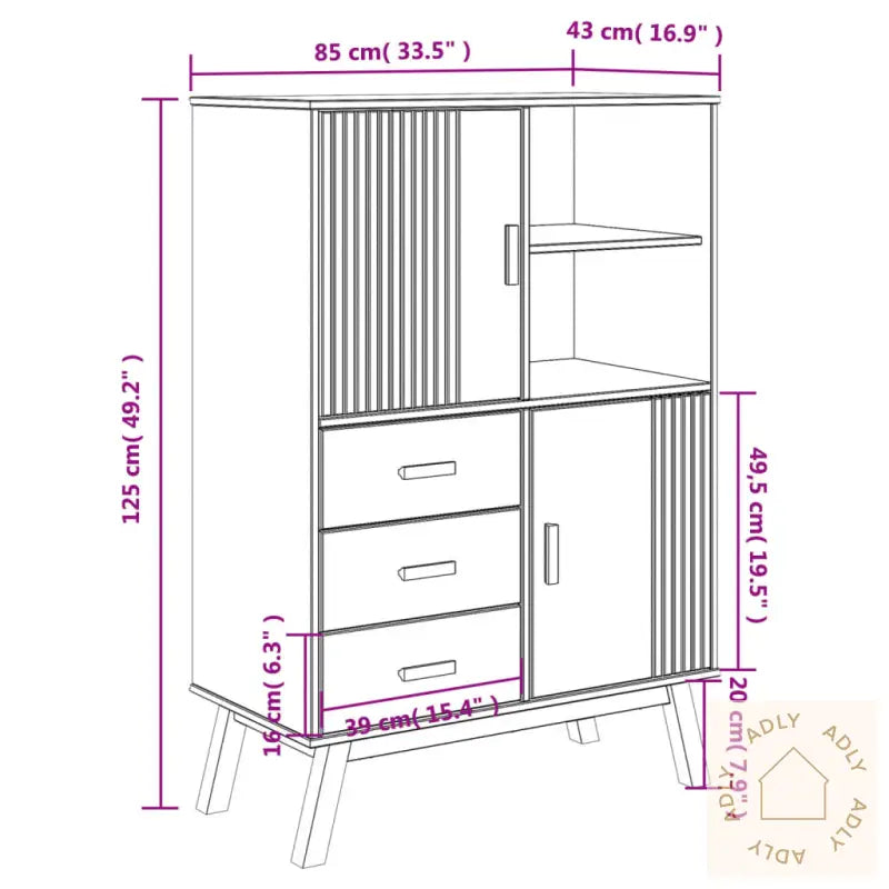 Highboard Olden Grå Og Brun 85X43X125 Cm Heltre Furu