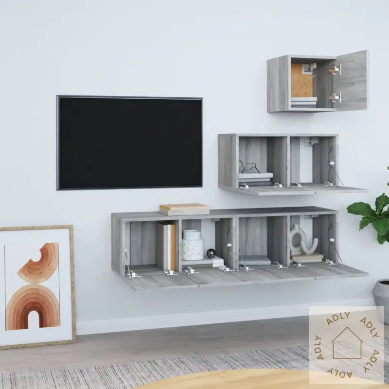 Tv-Skapsett 4 Deler Grå Sonoma Konstruert Tre