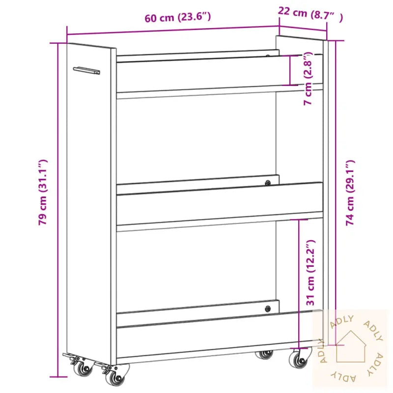 Sidebord Med Hjul Hvit 60X22X79 Cm Konstruert Tre