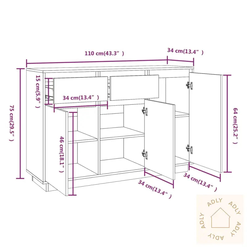 Skjenk Hvit 110X34X75 Cm Heltre Furu