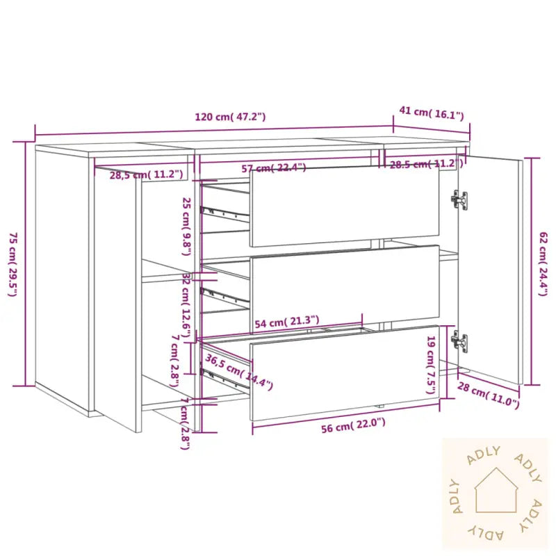 Skjenk Med 3 Skuffer Svart 120X41X75 Cm Konstruert Tre