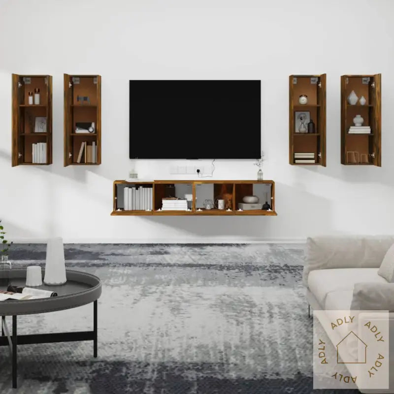 Tv-Skapsett 6 Deler Røkt Eik Konstruert Tre