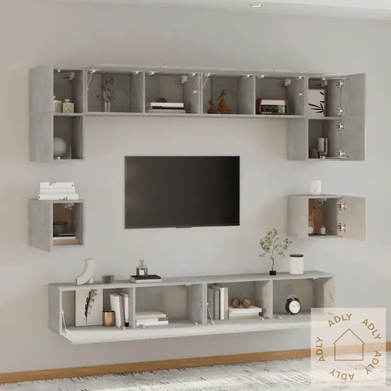 Tv-Skapsett 8 Deler Betonggrå Konstruert Tre