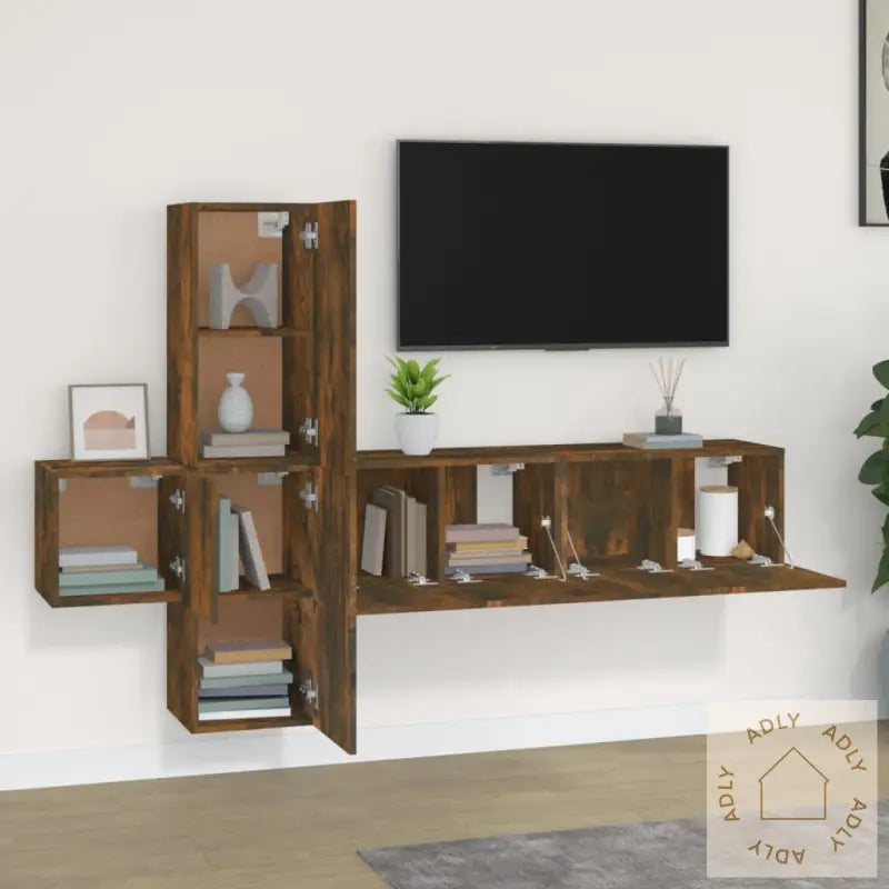 Tv-Skapsett 5 Deler Røkt Eik Konstruert Tre