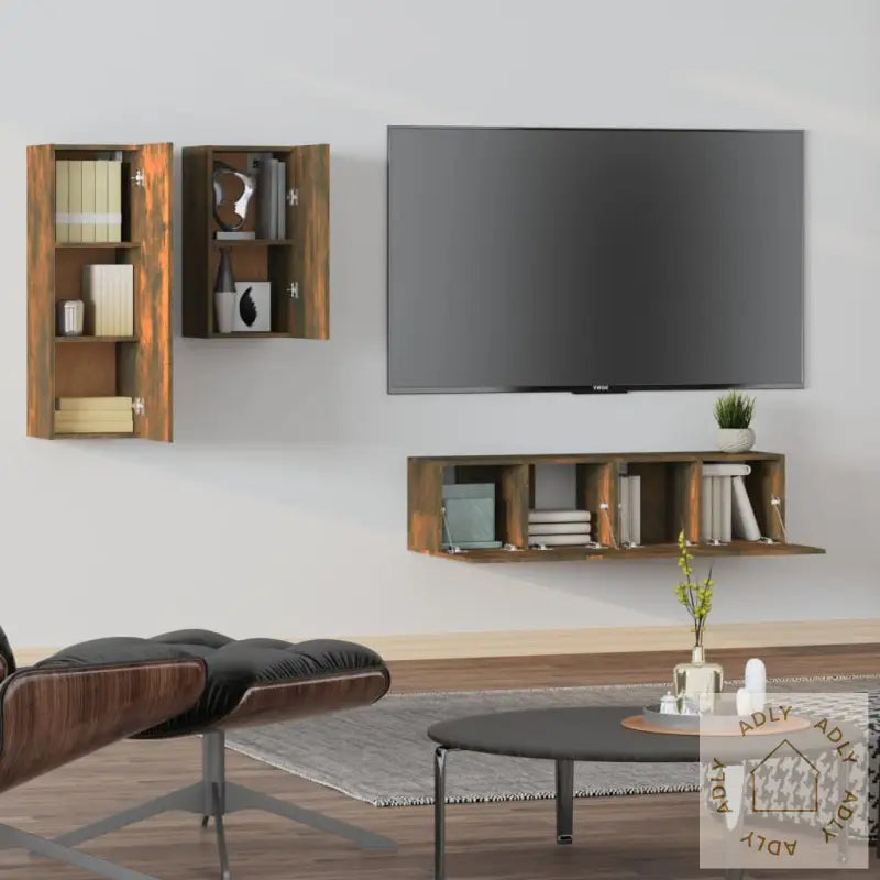 Tv-Skapsett 4 Deler Røkt Eik Konstruert Tre