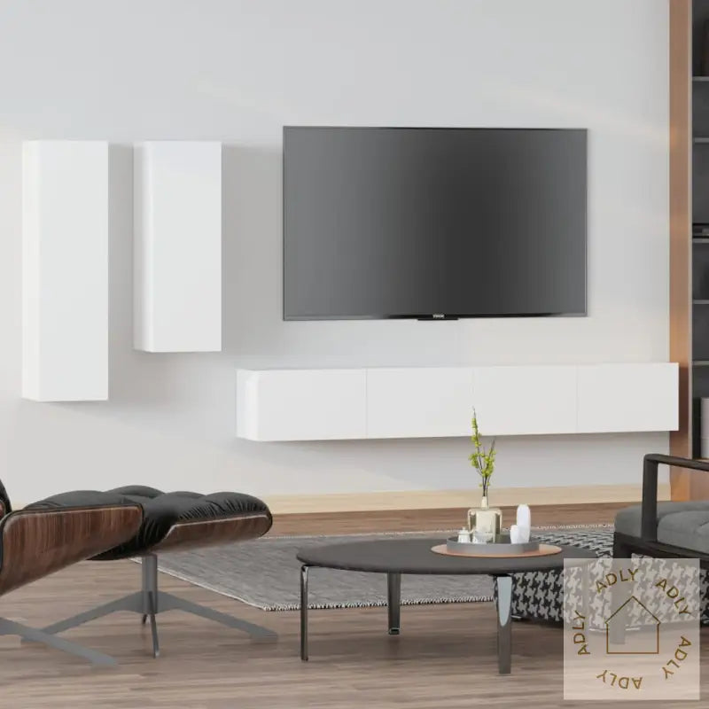 Tv-Benksett 4 Deler Hvit Konstruert Tre