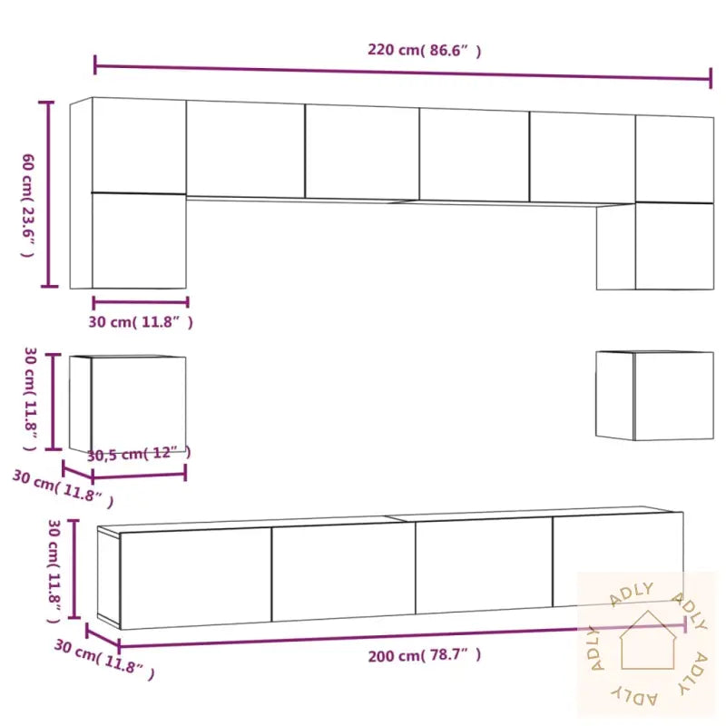 Tv-Skapsett 8 Deler Betonggrå Konstruert Tre