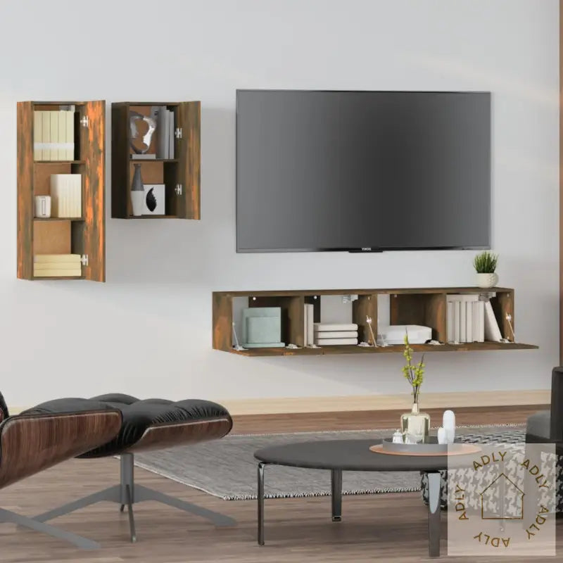 Tv-Skapsett 4 Deler Røkt Eik Konstruert Tre