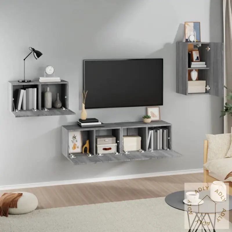 Tv-Skapsett 4 Deler Grå Sonoma Konstruert Tre