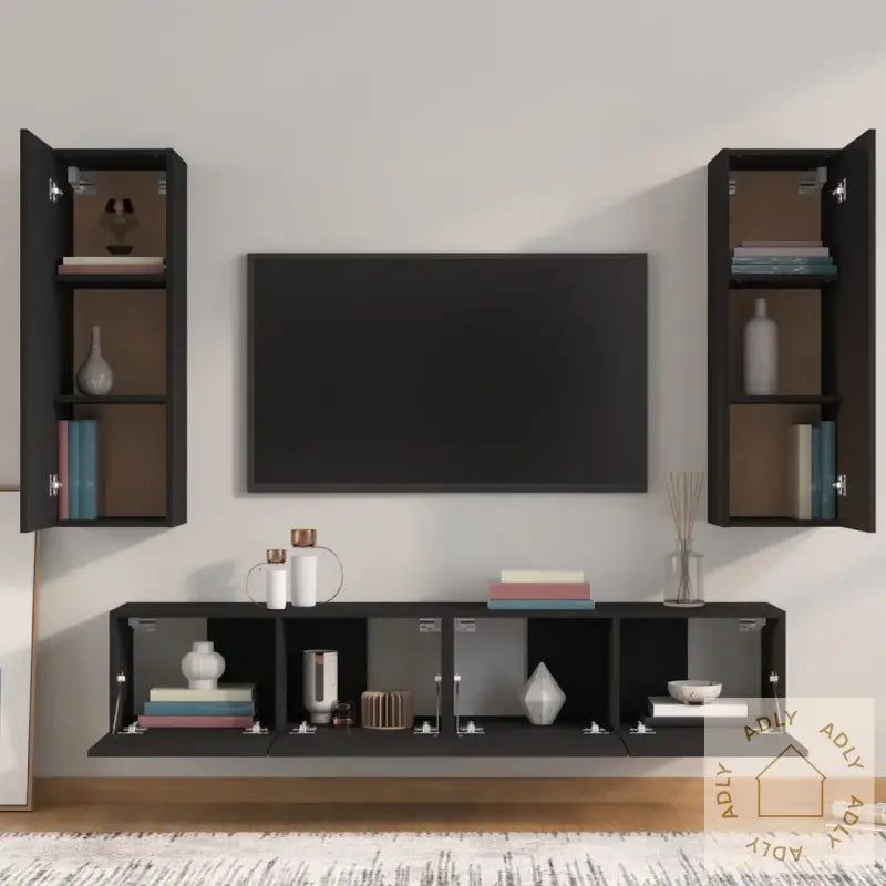 Tv-Skapsett 4 Deler Svart Konstruert Tre