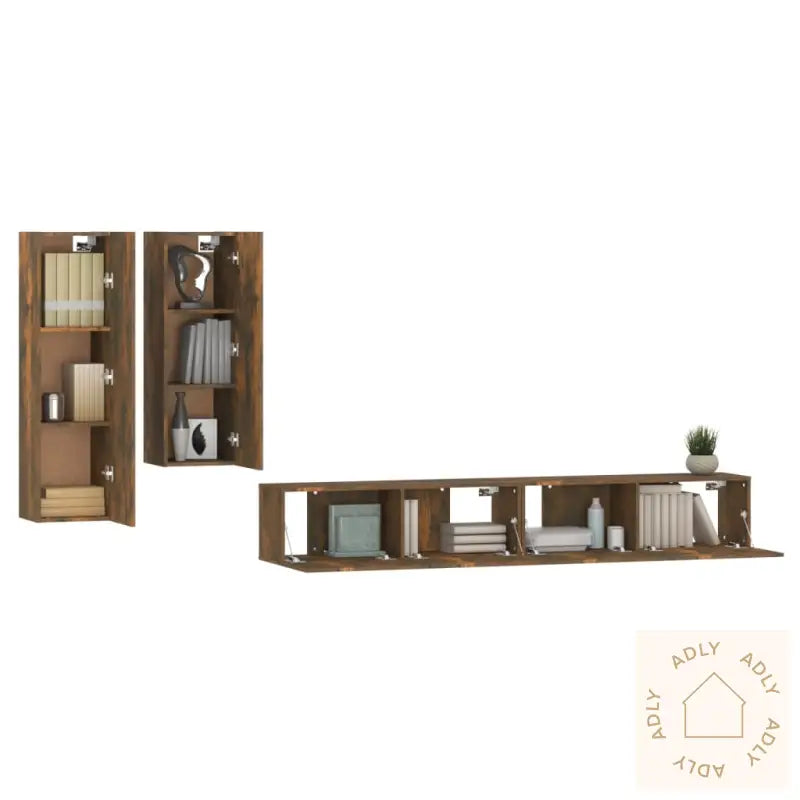 Tv-Skapsett 4 Deler Røkt Eik Konstruert Tre