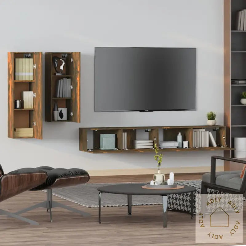 Tv-Skapsett 4 Deler Røkt Eik Konstruert Tre