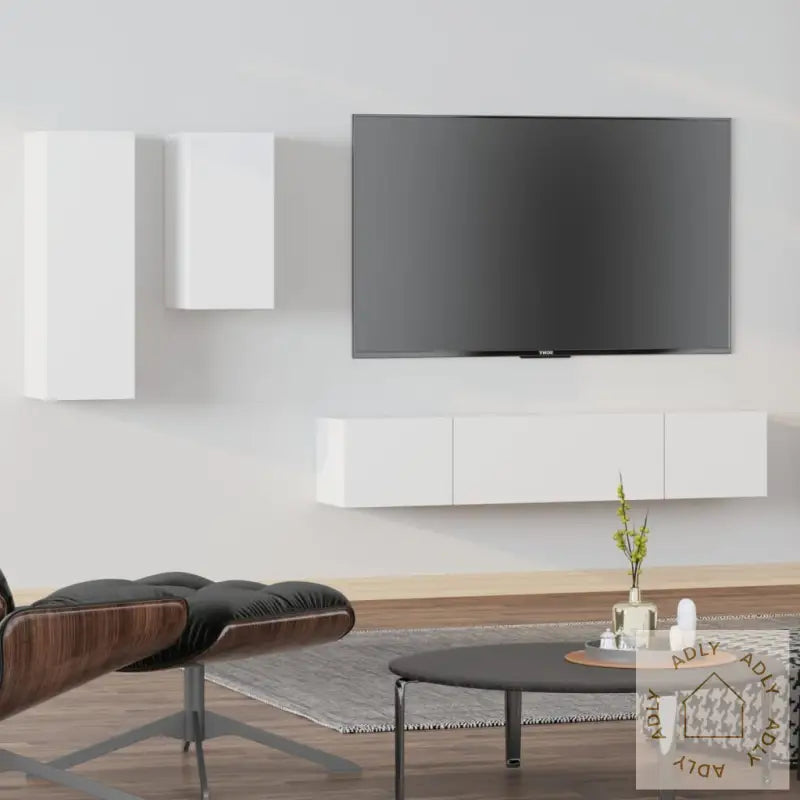 Tv-Benksett 4 Deler Hvit Konstruert Tre