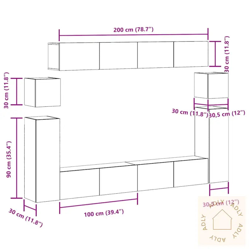 Tv-Skapsett 8 Deler Veggmontert Gammelt Tre Konstruert Tre