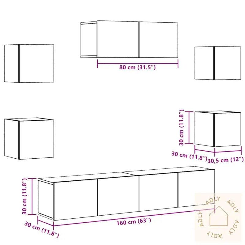 Tv-Skapsett 5 Deler Veggmontert Gammelt Tre
