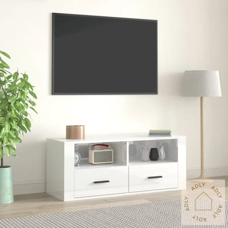 Tv-Benk Høyglans Hvit 100X35X40 Cm Konstruert Tre